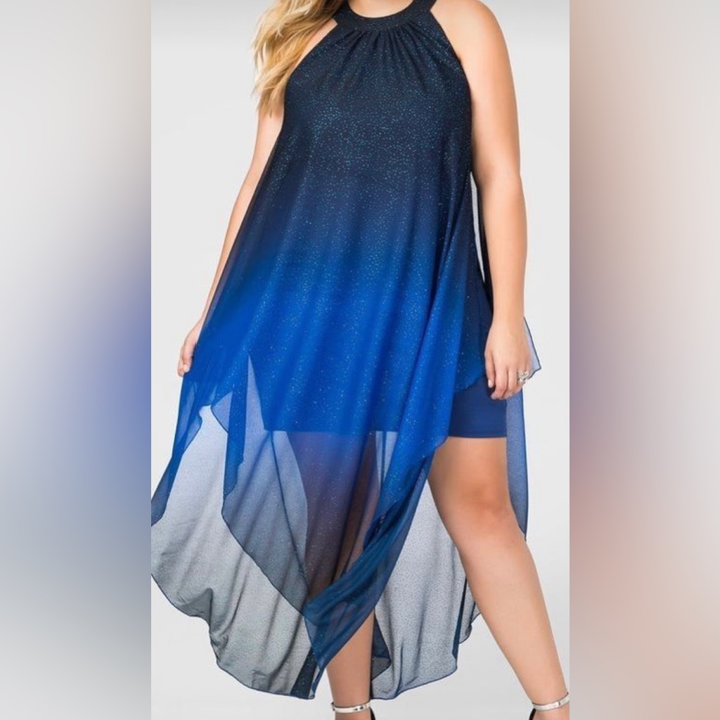 Bailey Blue: Long Sheer Blue Halter Maxi Dress Sparkly Shorter Dress Under It.